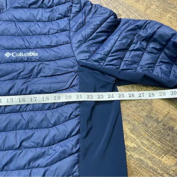 Columbia Powder Pass Hooded Jacket Light Puffer Water Resistant Men XL Coat Blue - Picture 3 of 15